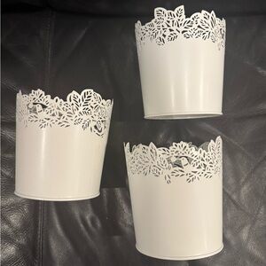 NWT — 3 IKEA Samverka White Lace Edge Metal Planters Pots Vases Centerpieces